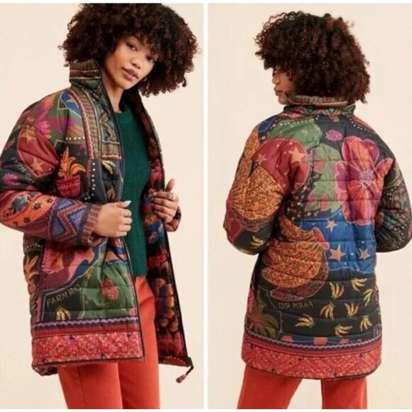 Farm Rio Crazy Mix Reversible Puffer Jacket in Multicolor Floral Print - L - Picture 1 of 10